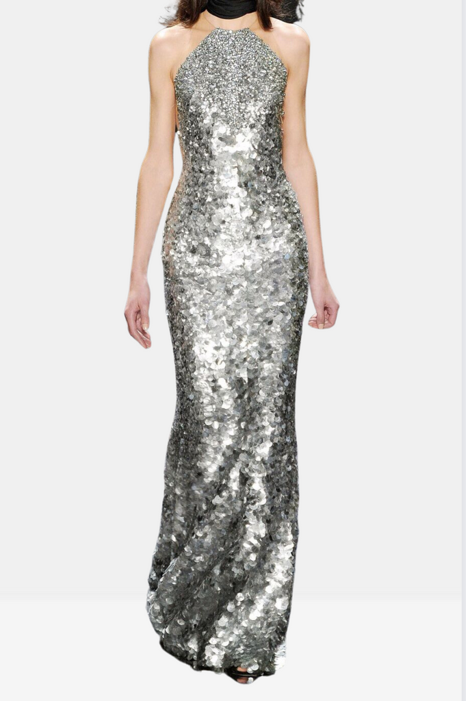 kaufman franco silver dress KAUFMANFRANCO Silver Sequin Long Sleeve Dress Size 6