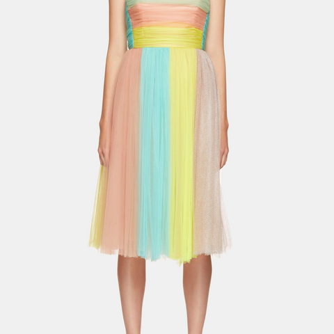 Delpozo Strapless Tulle Striped Midid Dress for hire Fashion Alta Moda.