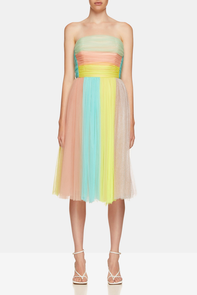 Delpozo Strapless Tulle Striped Midid Dress for hire Fashion Alta Moda.