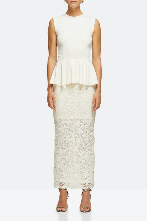 ALESSANDRA RICH - Cream sleeveless bodice and lace pencil skirt with peplum 